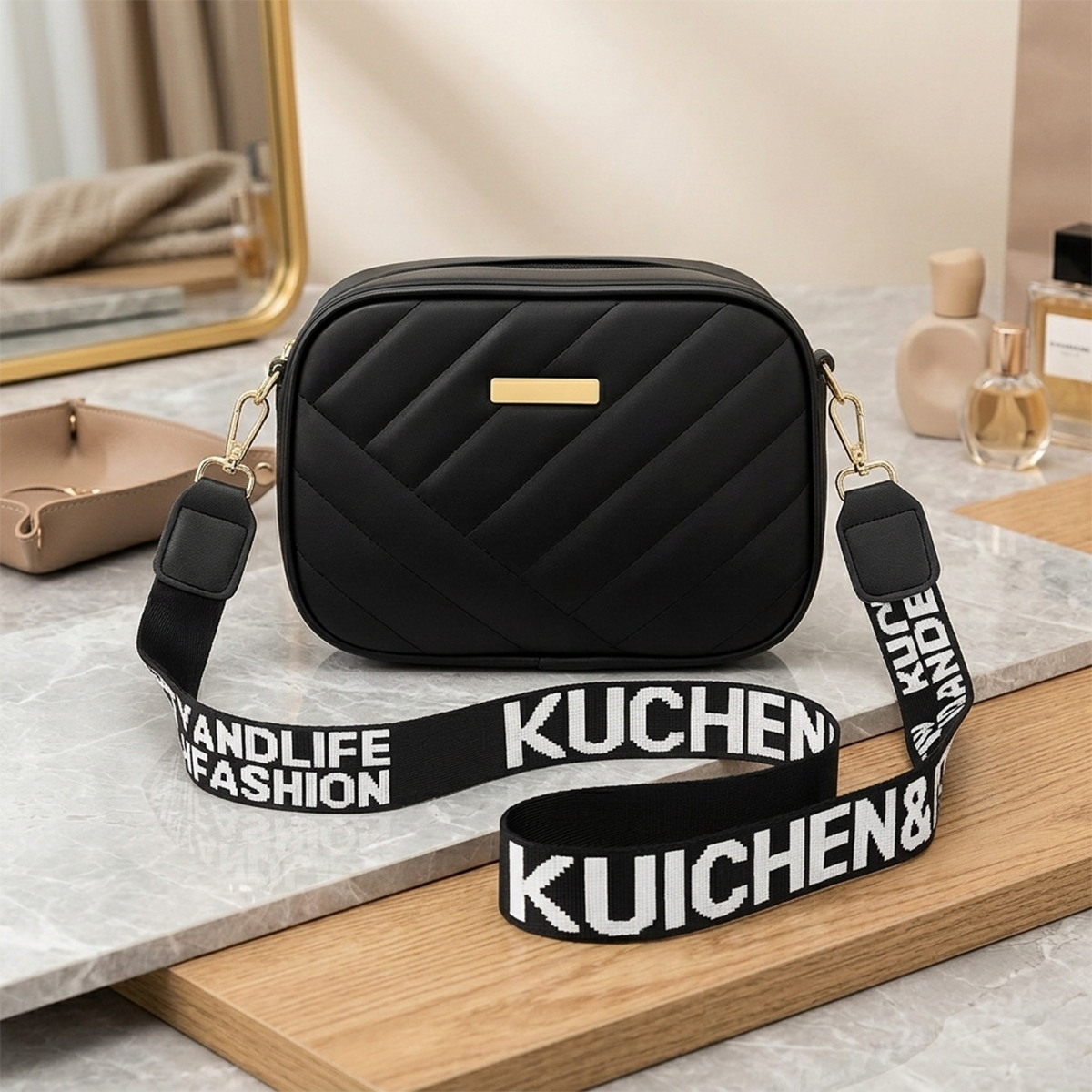 Quilted Crossbody Bag for Women with Logo Strap